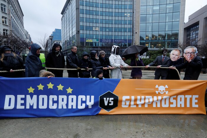 Des manifestants protestent à Bruxelles contre la prolongation de l'autorisation d'utilisation du Glyphosate dans les cultures.