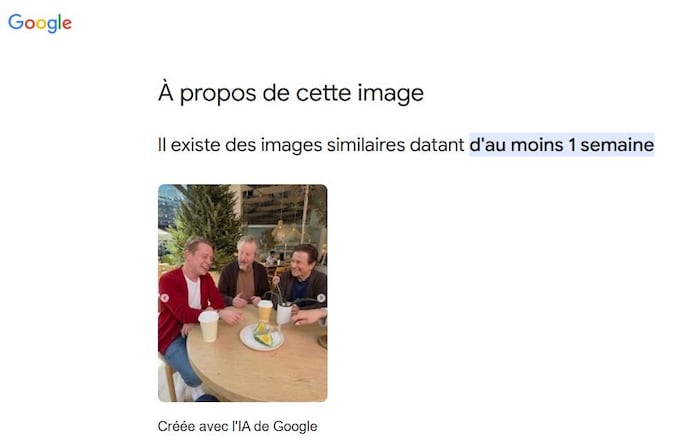 Capture d'écran de l'interface de recherche inversée d'images sur Google, qui identifie la photo de réunion comme étant créée avec l'IA de Google.