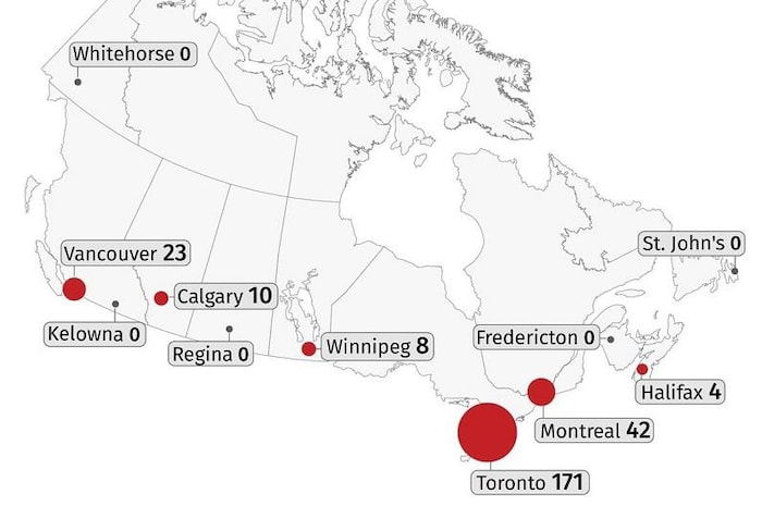 Carte du Canada indiquant le nombre de personnes en quarantaine par ville en août 2020.