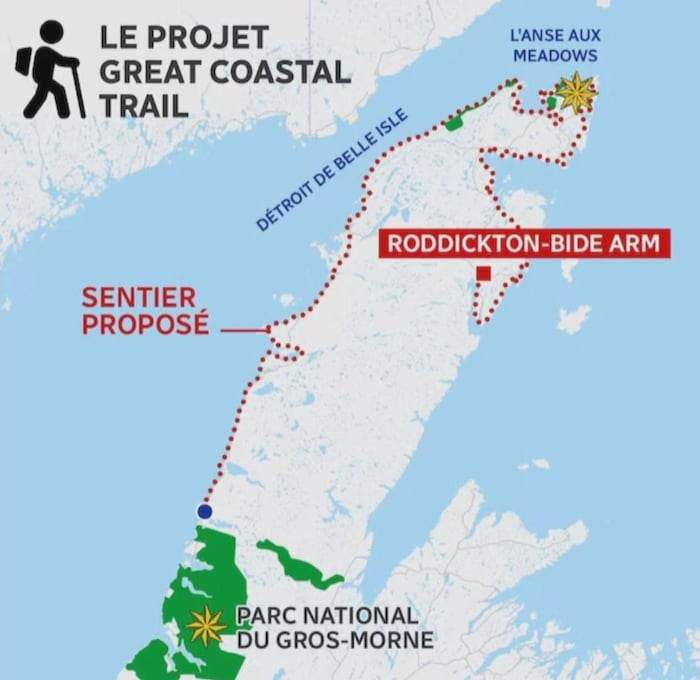 Carte où le tracé proposé d'un futur sentier est indiqué par une ligne rouge pointillée.