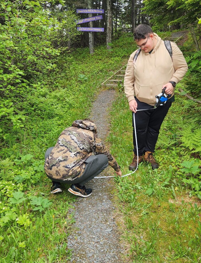 Deux personnes mesurent un sentier en été.