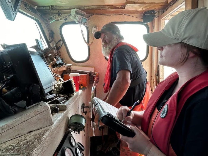 Un homme avec une grosse barbe blanche tient le gouvernail d'un bateau. Une femme à ses côtés prend des notes.