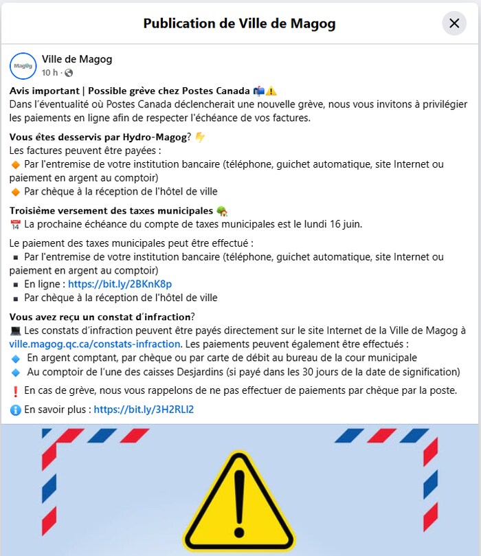 Publication Facebook dans laquelle la Ville de Magog invite les citoyens à privilégier les paiements en ligne afin d’éviter les retards dans le cas d'une éventuelle grève chez Postes Canada.