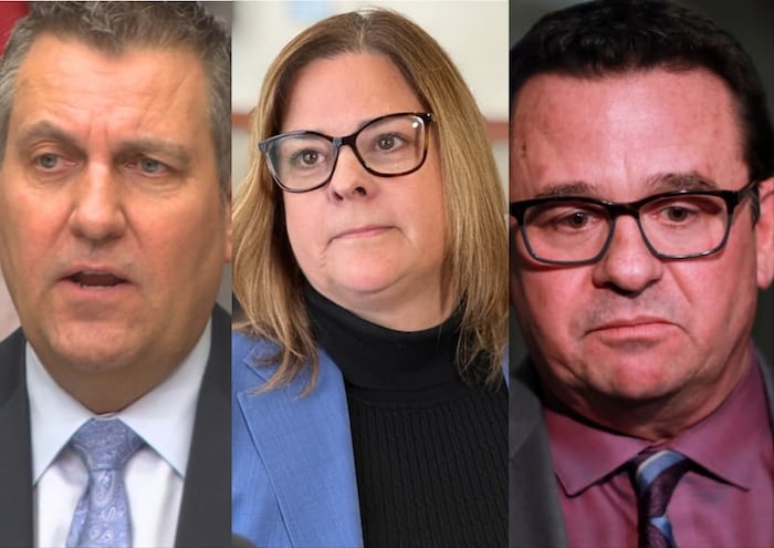 De gauche à droite, un montage photo de Cliff Cullen, Heather Stefanson et Jeff Wharton.