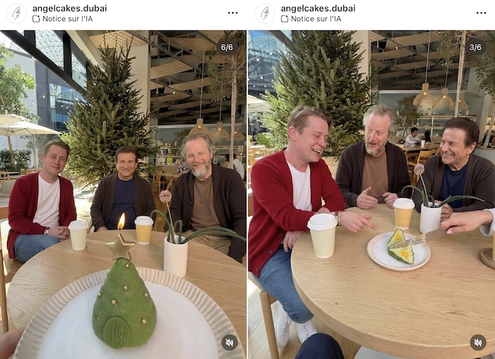 Des photos des IA des acteurs Macaulay Culkin, Daniel Stern et Joe Pesci assis autour d'une table à un café. Ils dégustent un gâteau en forme de sapin de Noël.