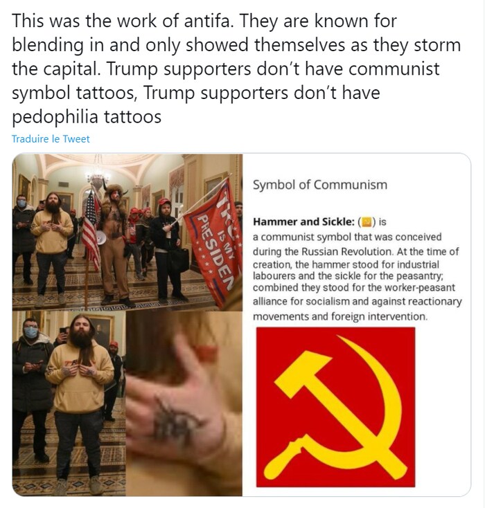 Le tweet affirme que le logo sur la main de l'homme est un logo soviétique.