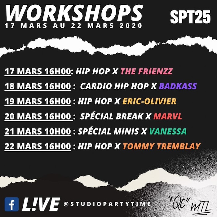 L'horaire des «workshops» Facebook du Studio Party Time.