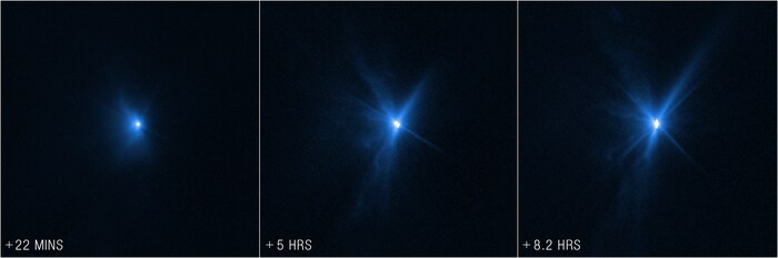 Trois images prises par le télescope Hubble de l'impact de la sonde Dart et de l'astéroïde Dimorphos.