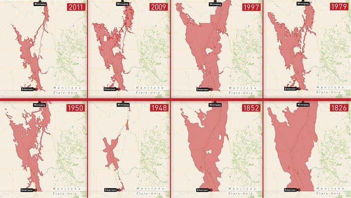 2011, 2009, 1997, 1979, 1950, 1948, 1852 et 1826. Les cartes permettent de comparer visuellement l'ampleur variable des crues au fil des siècles, la crue de 1826 apparaissant comme la plus vaste et celle de 1948 comme la plus limitée.