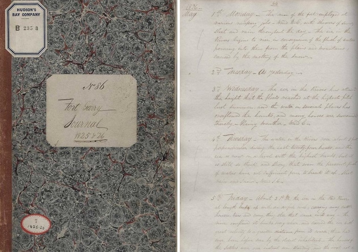 La couverture et une page intérieure écrite en manuscrite du « Fort Garry Journal » de Francis Heron, datant de 1825-1826.