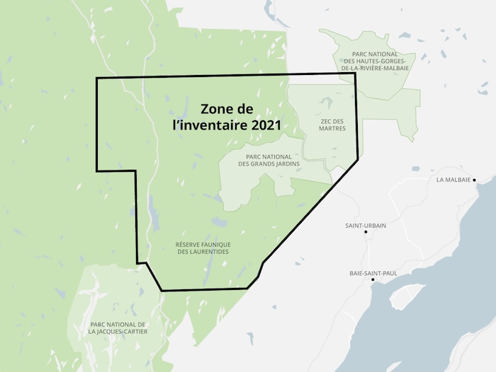 Carte de délimitation qui passe dans la réserve faunique des Laurentides, le parc national des Grands Jardins, la zec des Martres et une petite partie du parc national des Hautes-Gorges-de-la-Rivière-Malbaie.