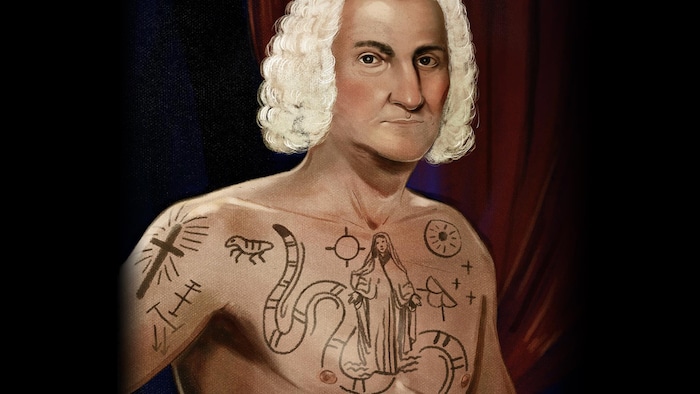 Sur cette illustration, l'homme apparaît torse nu avec des tatouages.