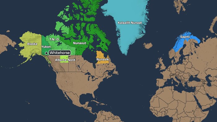 Yukon, Territoires du Nord-Ouest , Alaska, Nord de l’Alberta, Nunavut, Nunavik, Groenland et région du Sápmi (Norvège, Suède et Finlande).