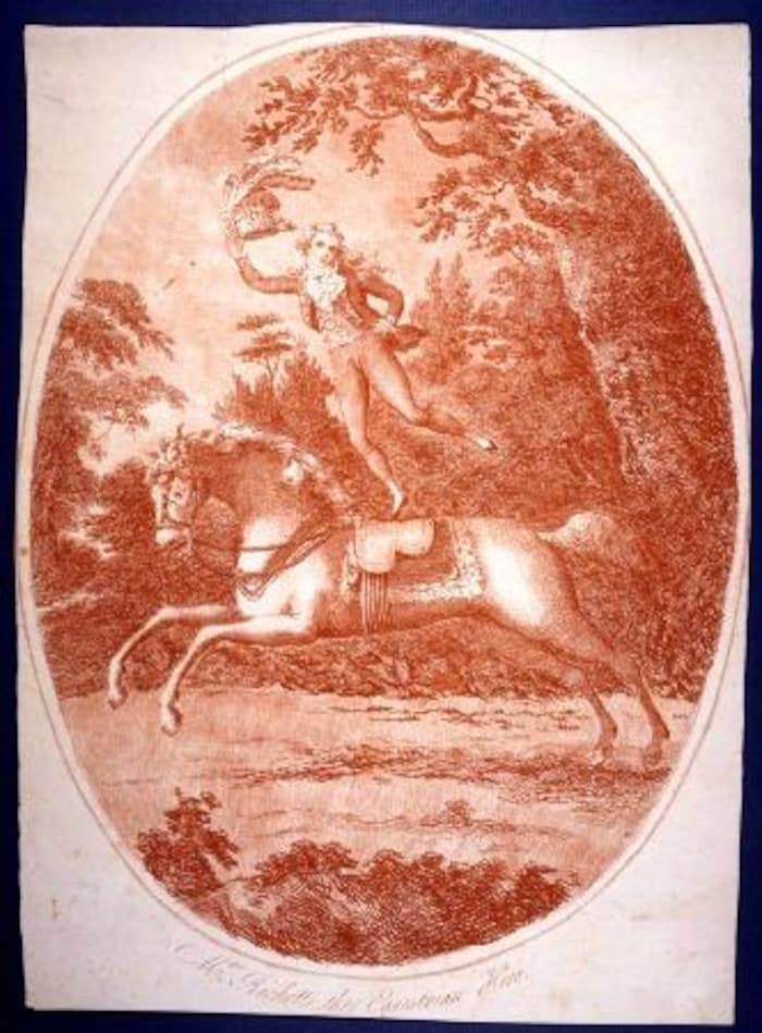 Gravure datée d'environ 1800 représentant John Bill Ricketts debout sur un cheval galopant 