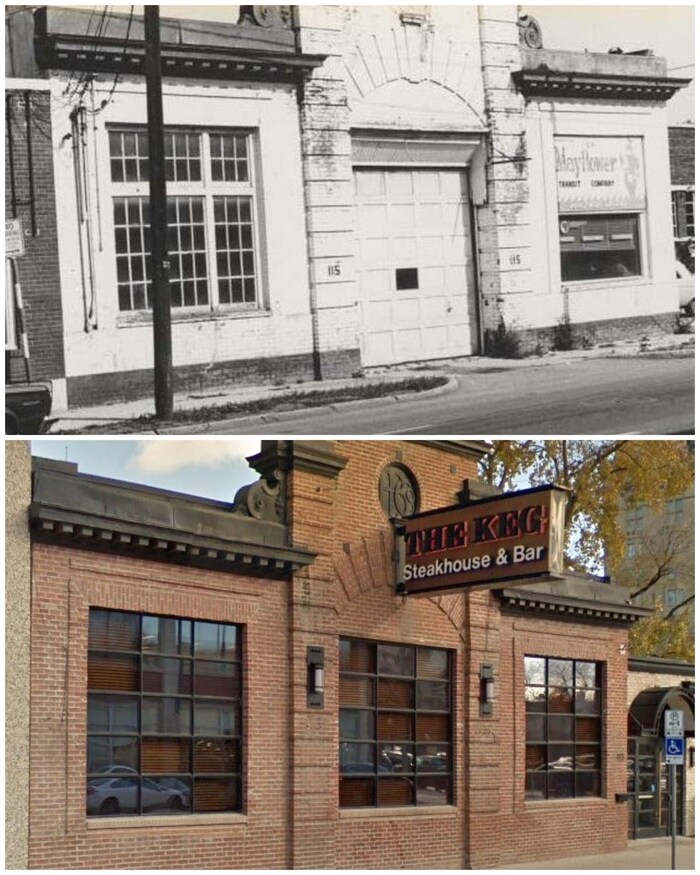En haut, archives de l'ancien garage de La Baie d'Hudson. En bas, le bâtiment en date d'aujourd'hui transformé en restaurant.