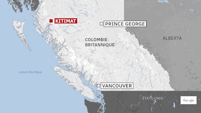 Une carte indiquant où se trouve Kitimat.
