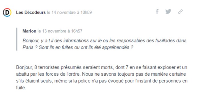 Capture d'écran des informations dont disposaient le quotidien français Le Monde au lendemain des attentats du 13 novembre 2015. « Huit terroristes présumés seraient morts, dont sept en se faisant exploser et un abattu par les forces de l'ordre », peut-on lire.