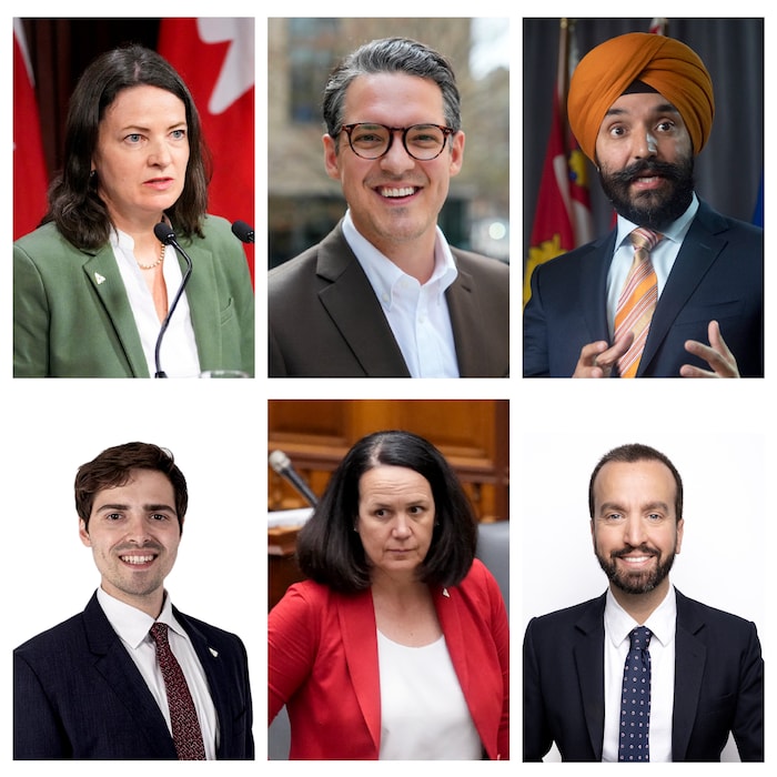Un montage photo de Lee Fairclough (en haut à gauche), Dylan Marando (en haut au centre), Navdeep Bains (en haut à droite), Eric Lombardi (en bas à gauche), Stephanie Bowman (en bas au centre) et Vikram Handa (en bas à droite).
