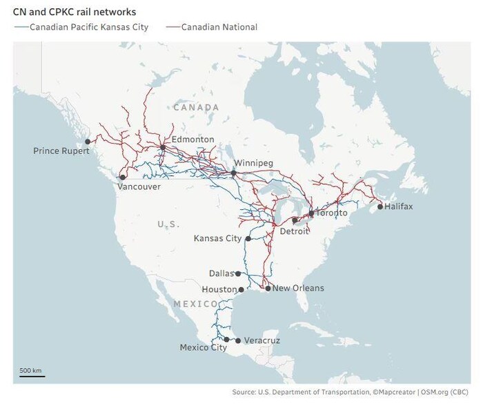 纵贯加拿大、美国和墨西哥的两个网络的地图。