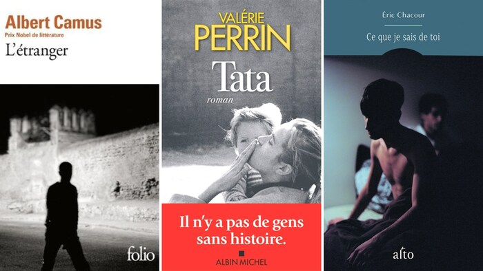 Couverture des livres L'étranger d'Albert Camus, Tata de Valérie Perrin et Ce que je sais de toi d'Éric Chacour. 