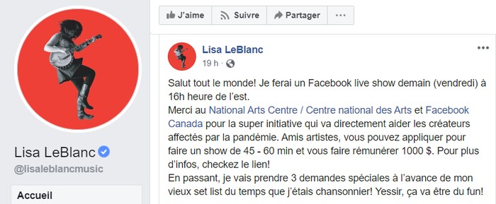 Publication Facebook de Lisa LeBlanc annonçant qu'elle jouera sur Facebook ce vendredi. 
