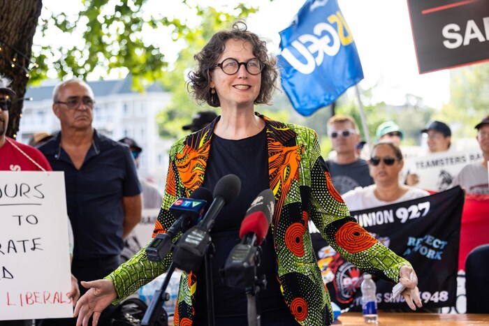 Lisa Roberts est debout devant plusieurs micros et des travailleurs avec des affiches et des drapeaux sont groupés derrière elle, sous un arbre, en été.