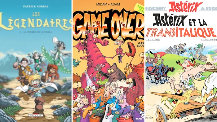 Montage des couvertures des livres Les Légendaires de Patrick Sobral, Game over de Adam Midam et Astérix et la Transitalique de Jean-Yves Ferri.