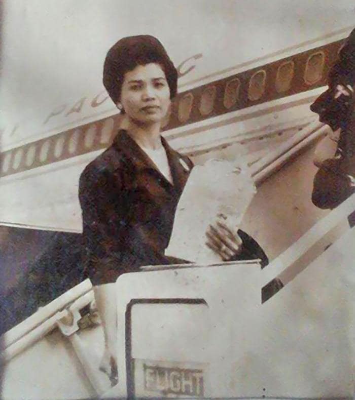 Lourdes Cultura, who is now 84, was among the first wave of nurses recruited in the Philippines. She is seen here boarding a plane to Canada, Feb. 1, 1967. She was recruited while working at a hospital in Manila. (Submitted by Valerie Damasco)