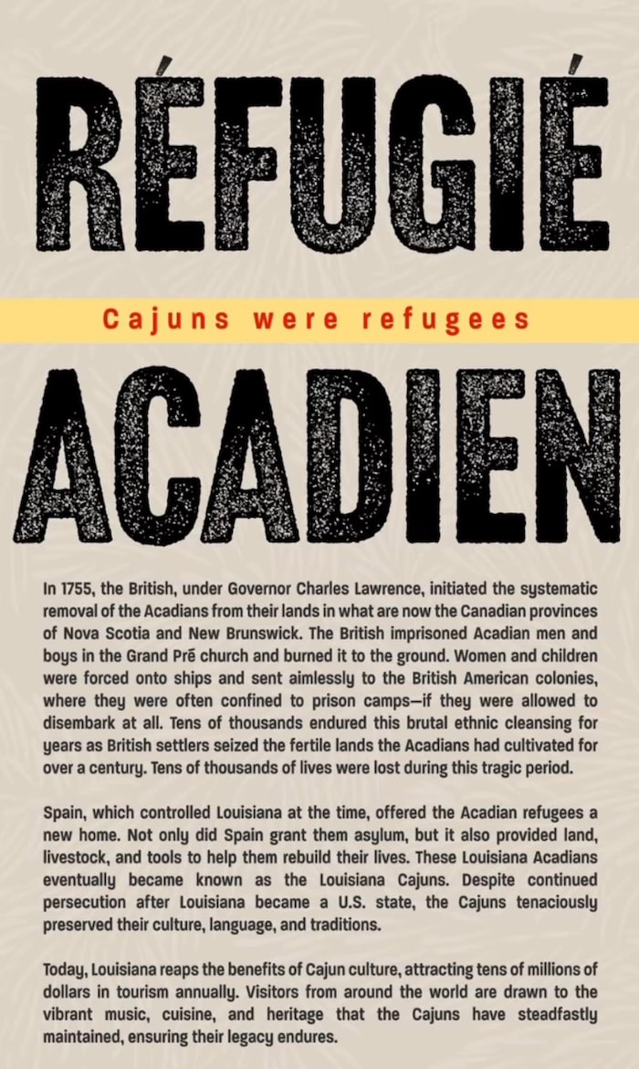 Une affiche sur laquelle connected  peut lire que les Cajuns ont déjà été des réfugiés. 