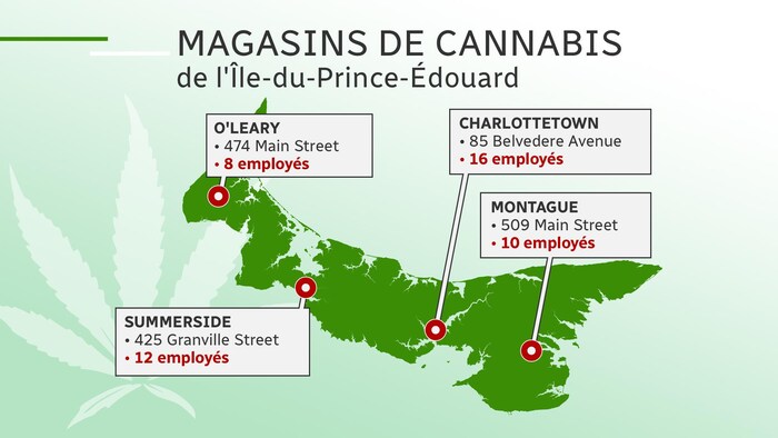 Une carte avec les quatre magasins de cannabis à l'Île-du-Prince-Édouard