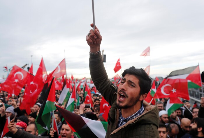 Une foule de manifestants brandissent des drapeaux turcs et palestiniens.