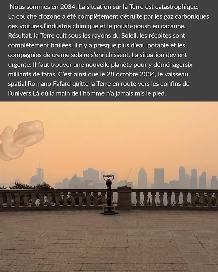 La vue du mont Royal, avec un filtre orangé rappelant le smog, et le vaisseau spatial fictif Romano Fafard en coin. 