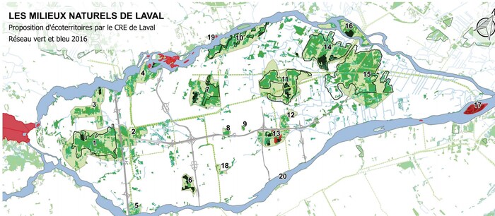 Carte représentant les milieux naturels de Laval