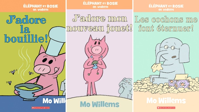 Montage de trois couvertures d'album pour enfants de Mo Willems