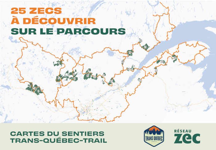 Une carte du Québec illustrant des sentiers et des zecs.