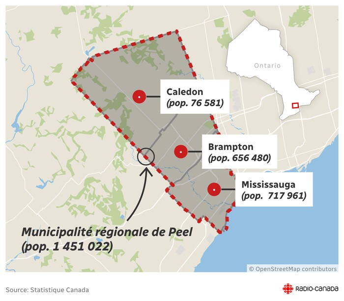La carte montre la municipalité régionale de Peel et les limites de Caledon (76 581 habitants), Brampton (656 480 habitants) et Mississauga (717 961 habitants).
