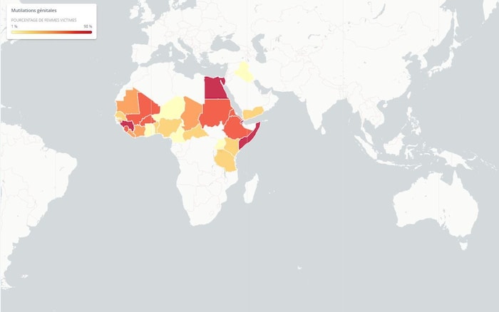 Carte montrant l'Afrique et la proportion de femmes qui sont victimes.