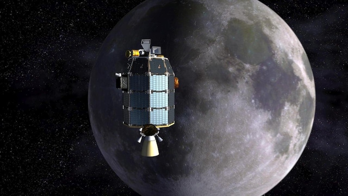 An artist depiction of NASA's Lunar Atmosphere and Dust Environment Explorer (LADEE) observatory as it approaches lunar orbit. 