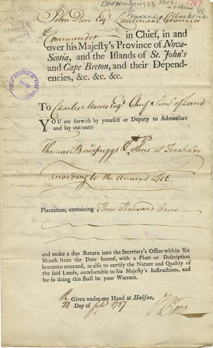 Ce document de 1787 confirme l'attribution de terres à Thomas Brownspriggs et à 73 autres loyalistes noirs.