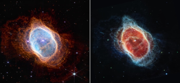 Comparaison montrant des observations avec le télescope Webb de la nébuleuse de l'Anneau austral dans le proche infrarouge, à gauche, et dans l'infrarouge moyen, à droite.
