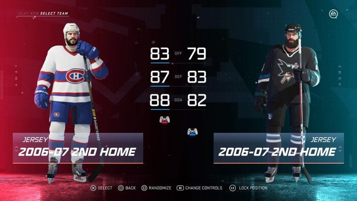 Écran de sélection d'équipes du jeu vidéo NHL 20. On prépare un match Canadiens de Montréal contre Sharks de San Jose.