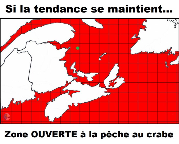 Une carte de la région des Maritimes indique que toutes les zones de pêche sont fermées, à l'exception d'un petit point en vert. Il est indiqué : « Si la tendance se maintient... Zone ouverte à la pêche au crabe ».