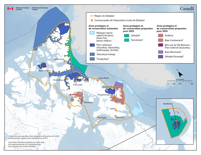 Une carte du ministère des Pêches et Océans montrant des aires protégées et de conservation au Nunavut.