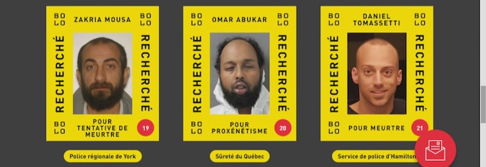 Une capture d'écran montre le visage de trois fugitifs.