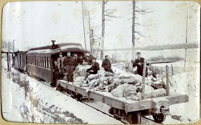 Des chasseurs et des carcasses sur un wagon plat. 