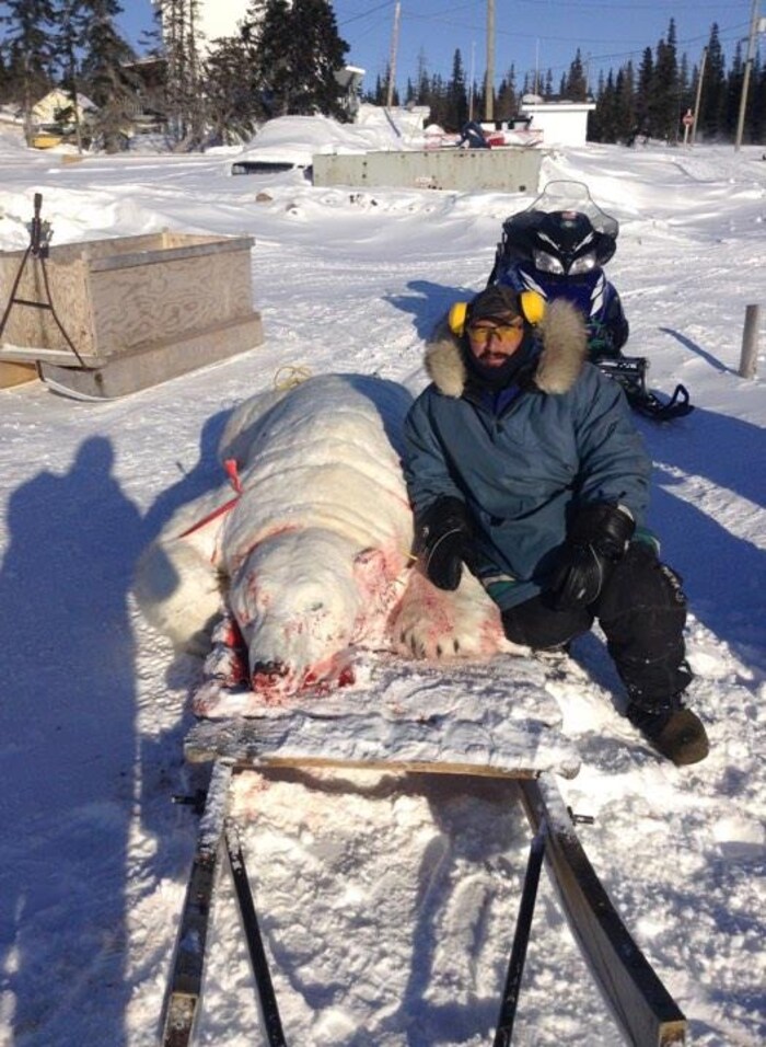 Le chasseur Darrell Voisey pose à côté de l'ours polaire qu'il a tué.