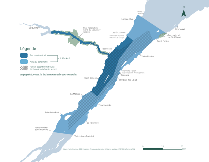 Carte du parc marin du Saguenay–Saint-Laurent actuel et de la superficie ajoutée.