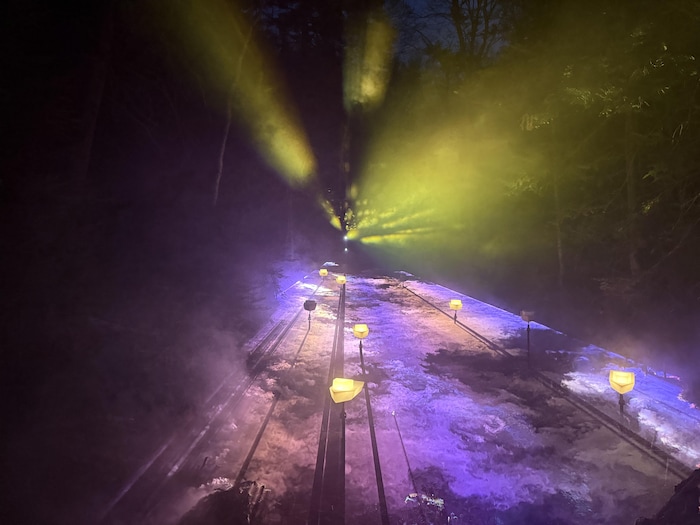 Un parcours interactif lumineux au milieu d'une forêt.