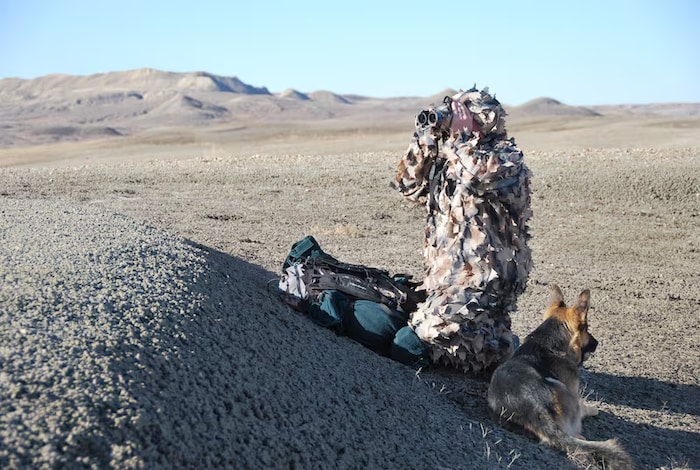 Un garde de Parcs Canada et son chien de recherche et de sauvetage dans le parc national des Prairies, en Saskatchewan, lors d'une opération de lutte contre le braconnage. 
