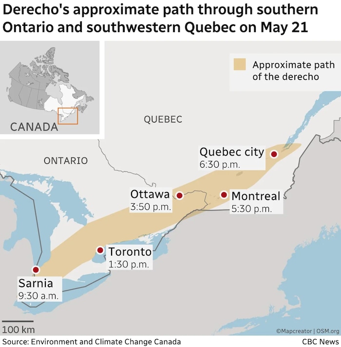The system formed south of Chicago on Saturday morning, and then it moved through Ontario, according to tornado expert David Sills. (Environment and Climate Change Canada/CBC News)